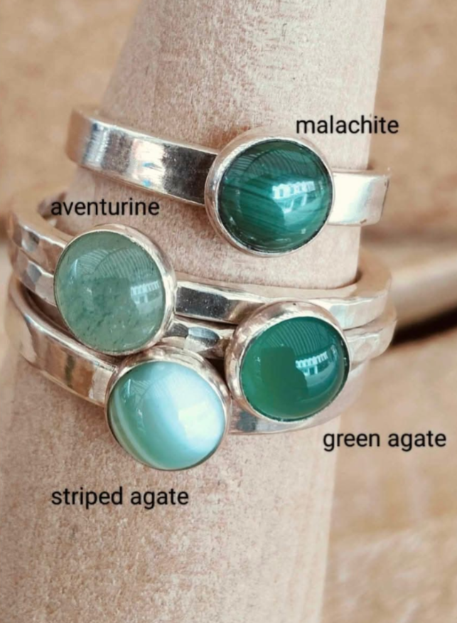 sterling silver green and white agate ring