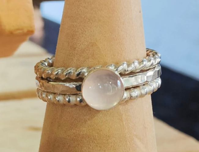 sterling silver rose quartz stacking ring