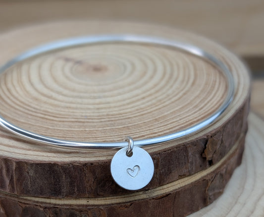 sterling silver heart stamped disc charm bangle