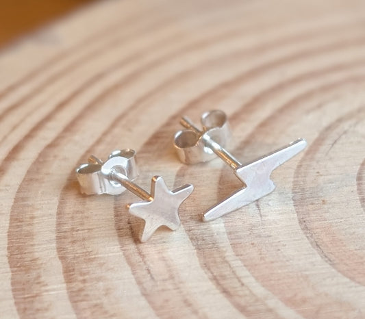 sterling silver star and lightning stud earrings