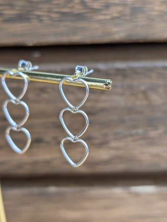 sterling silver triple heart dangle earrings