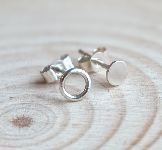 sterling silver open circle and circle stud earrings